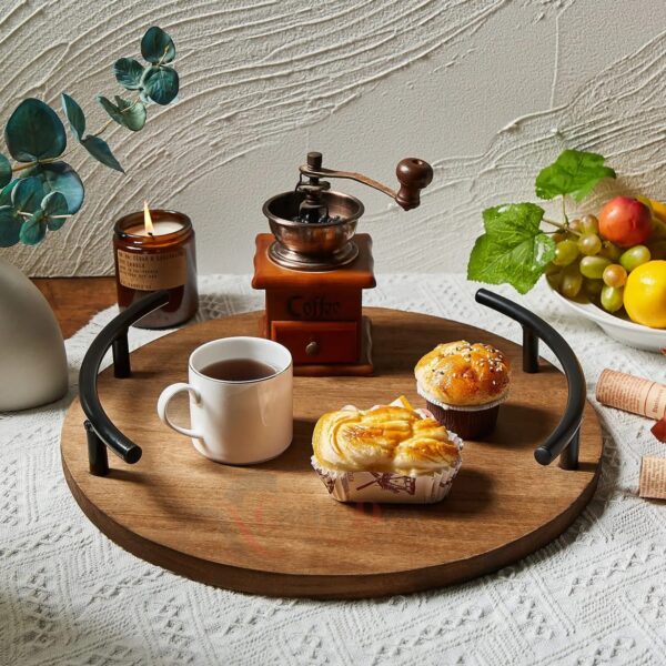 CARTADEN Wooden Round Serving Tray With Metal Handle